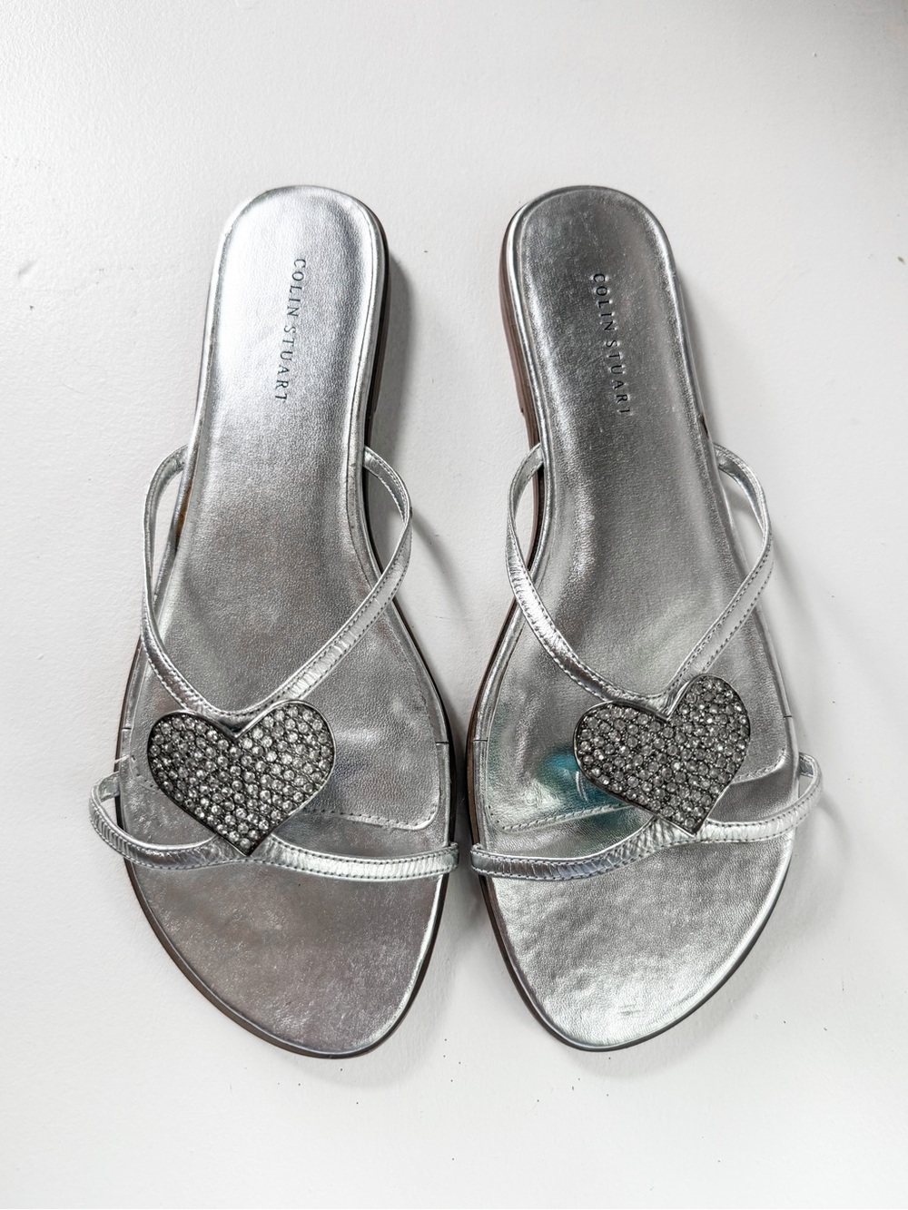 Colin Stuart Metallic Silver Heart-Accent Slide Sandals